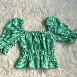 Green gingham summer blouse, puffed sleeves with tie bows